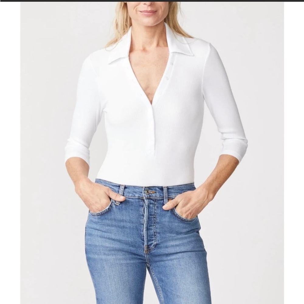 New House of Harlow 1960 White Ribbed Collared Henley Polo Bodysuit Size XS